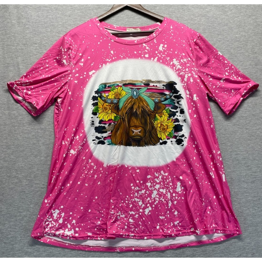 Southern Stitch T Shirt Women XL Pink White Splatter Paint Scottish Highland Cow